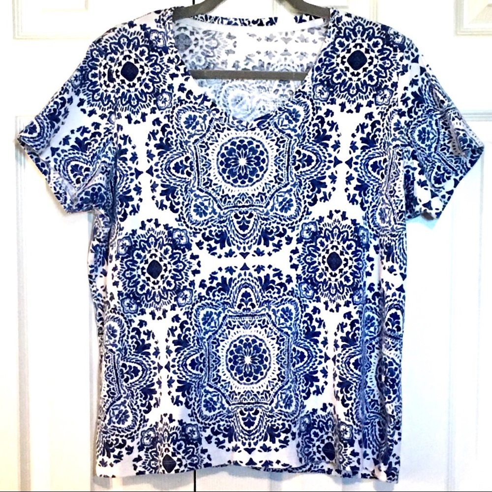 Blue and White V-Neck Top